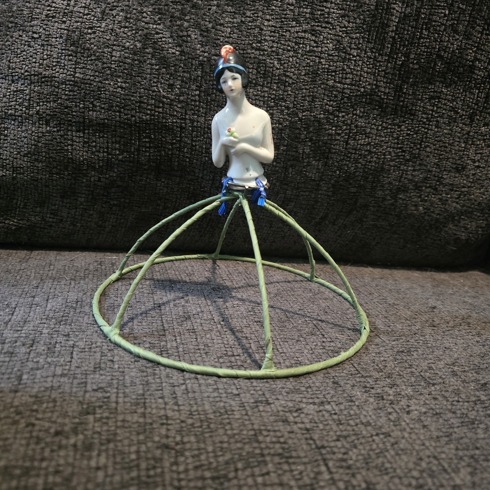 Vintage German Porcelain Flapper Half-Doll with Green Wire Skirt Attachment